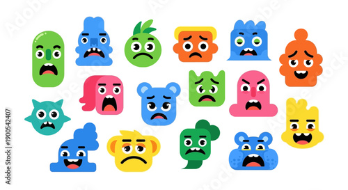 A collection of diverse, cartoonish monster faces expressing a wide range of emotions, from happiness to sadness and anger.