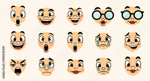 A collection of 15 cartoon faces expressing a variety of emotions and expressions, presented in a grid.