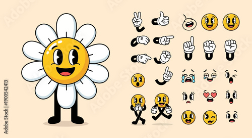 A cheerful cartoon daisy character with a set of expressive facial features and hand gestures for animation.