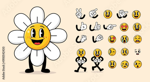 Retro cartoon daisy character with various expressive emoji faces and hand gestures.