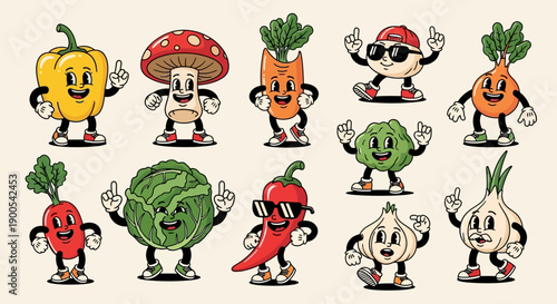 A collection of cartoon vegetables and a mushroom with retro animation style, each with unique expressions and poses.