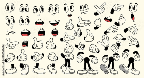 A collection of classic cartoon character elements including eyes, mouths, hands, and legs for animation.