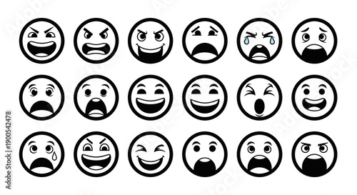 A collection of 21 black and white cartoon-style emoji faces expressing a wide range of emotions, arranged in three rows.
