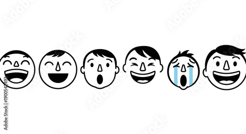 A row of six cartoon faces showing different emotions like happiness, surprise, and sadness.
