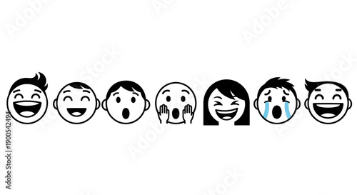 A collection of cartoon faces displaying a range of emotions from joy and laughter to surprise and sadness.