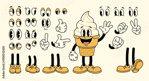 A collection of cartoon-style animated elements for creating characters, featuring various eyes, hands, legs, and a central ice cream cone character.