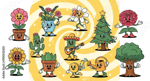 A vibrant and whimsical collection of anthropomorphic plants and a Christmas tree in a retro cartoon style, set against a swirling yellow background.