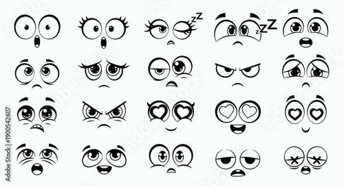 A collection of 20 cartoon-style eyes and eyebrows expressing various emotions and states of being.