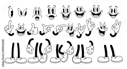 A collection of cartoon character body parts, including eyes, mouths, hands, and legs, for animation and design.