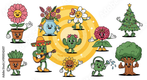 A vibrant collection of anthropomorphic plants and flowers, each with unique personalities and accessories, set against a warm, sun-like background.