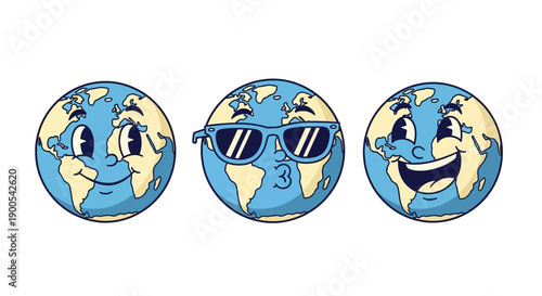 Three cartoon globes of Earth with different facial expressions, one wearing sunglasses and puckering its lips.