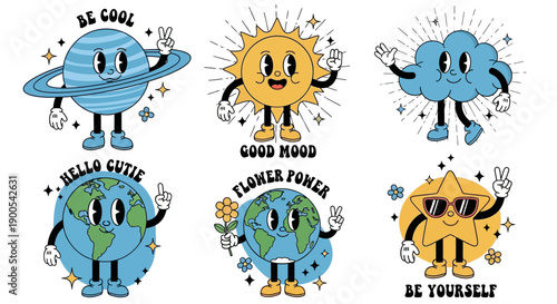 A collection of six retro-style cartoon illustrations featuring anthropomorphic celestial bodies and planets with positive messages.
