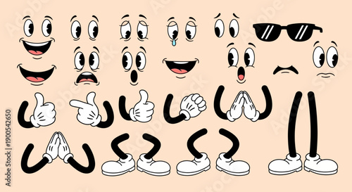 A collection of vintage cartoon character body parts, including various expressive eyes, mouths, hands, and legs, designed for animation.