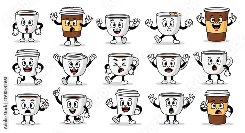 A collection of cartoon coffee cups with various facial expressions and poses, illustrating different emotions and actions.