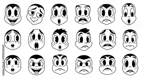 A collection of 20 cartoon faces displaying a wide range of emotions and expressions, drawn in a classic animation style.
