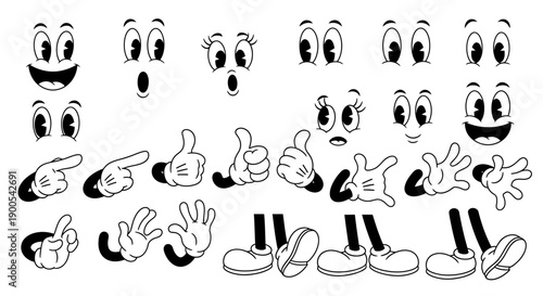 A collection of cartoon character body parts including eyes, mouths, hands, and legs, designed for animation.
