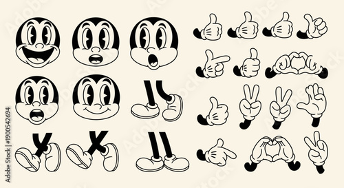 A collection of vintage cartoon character elements including expressive faces, hands in various gestures, and feet.
