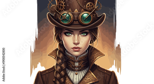A striking portrait of a woman in a steampunk top hat adorned with goggles and gears, wearing a Victorian-inspired jacket.