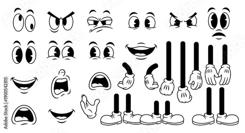 A collection of cartoon eyes, mouths, and legs for character animation and design.