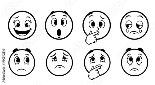A collection of eight black and white cartoon faces expressing various emotions like happiness, surprise, sadness, and contemplation.