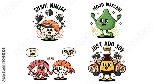 A collection of four cute and quirky cartoon illustrations featuring anthropomorphic sushi, wasabi, and soy sauce characters.