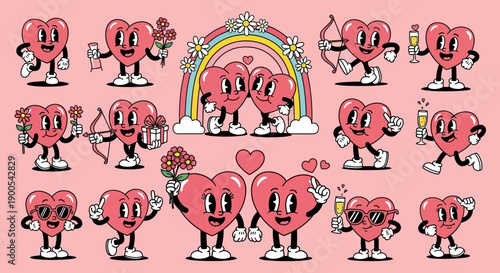A collection of retro-style cartoon hearts with various expressions and actions, set against a pink background with a rainbow arch.