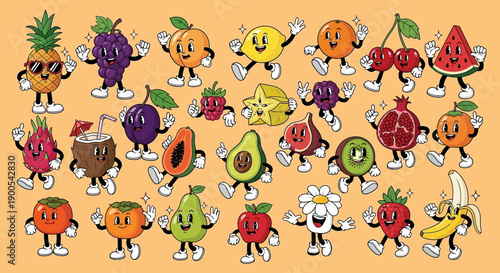A vibrant and whimsical collection of anthropomorphic fruits, each with unique expressions and poses, set against a warm, solid background.