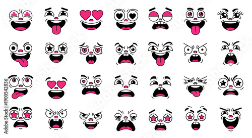 A collection of 30 cartoon faces with various expressive emotions and styles, rendered in pink and white.