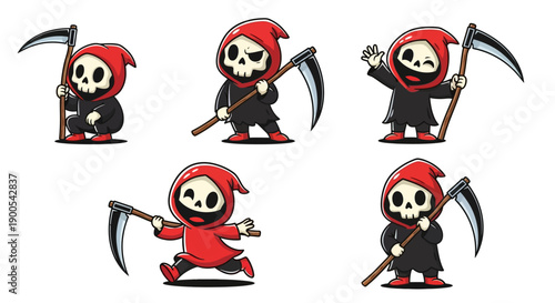A collection of five cute and cartoonish grim reapers in various poses, each holding a scythe.