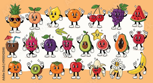 A vibrant collection of anthropomorphic fruits, each with unique personalities and cartoonish features, arranged in a playful and colorful display.