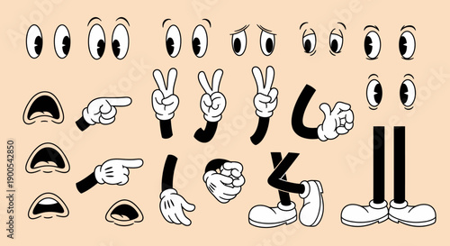 A collection of vintage cartoon character body parts, including eyes, mouths, hands, and legs, on a beige background.