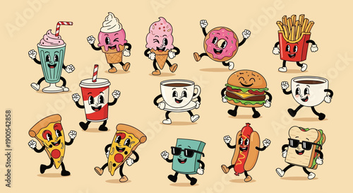 A vibrant and whimsical collection of anthropomorphic fast food characters dancing and expressing joy against a plain background.