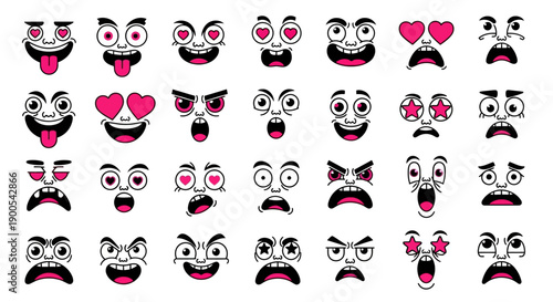 A collection of 32 cartoon faces expressing a wide range of emotions and reactions, with bold outlines and vibrant colors.