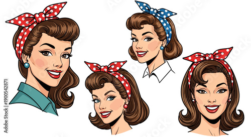 Retro pin-up style illustrations of women with vintage hairstyles and polka dot bandanas.