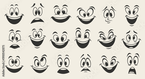 A collection of 20 cartoon faces displaying a variety of emotions and expressions.