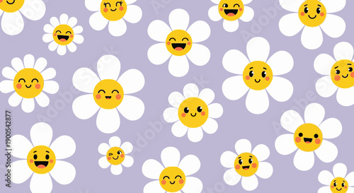 A charming and cheerful pattern of smiling daisies with happy faces on a soft lavender background.