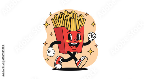 A cheerful cartoon box of french fries with a smiling face and arms, joyfully walking with stars around it.
