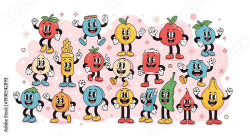 A vibrant and whimsical illustration featuring a diverse collection of anthropomorphic fruits and vegetables in a retro cartoon style.