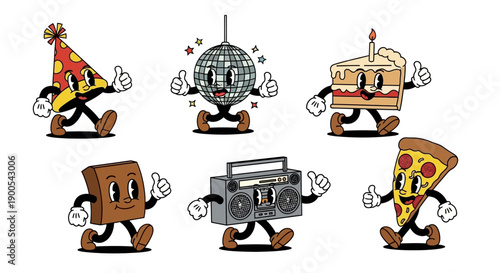 A collection of cartoon characters representing party elements like a birthday hat, disco ball, cake, brownie, boombox, and pizza.
