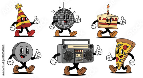 A collection of six retro cartoon characters, each representing a party element, giving a thumbs-up gesture.