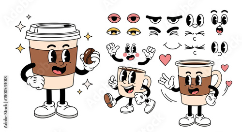 Retro cartoon characters of coffee cups and a coffee bean with various facial expressions and poses.