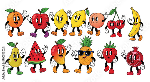 A vibrant and whimsical collection of anthropomorphic fruits, each with unique personalities and cartoon-style features, waving and posing in a lively display.