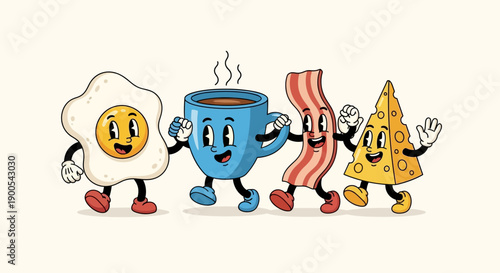 A cheerful cartoon illustration of breakfast foods, including a fried egg, coffee cup, bacon strip, and cheese wedge, dancing together.