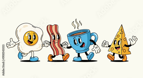 A cheerful cartoon illustration of breakfast foods, including a fried egg, bacon, coffee, and cheese, walking together.