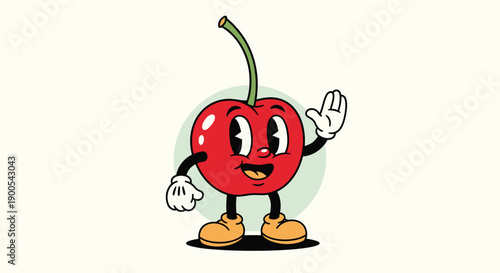 A vintage cartoon cherry character with a stem, waving hello with a friendly expression and cartoonish eyes.