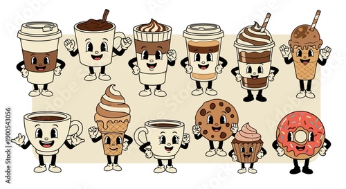 A charming collection of retro-style cartoon characters representing various coffee drinks, ice cream, donuts, and cookies, all with smiling faces and waving arms.