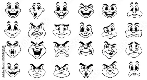 A collection of 24 cartoon faces expressing a wide range of emotions and expressions, drawn in black and white.