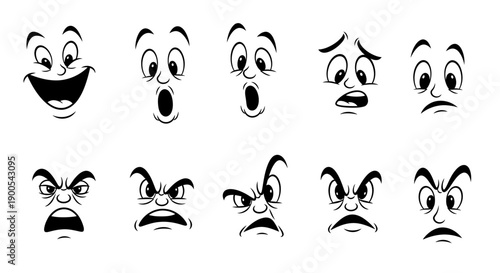 A collection of ten cartoon faces displaying a variety of emotions, including joy, surprise, fear, sadness, and anger.