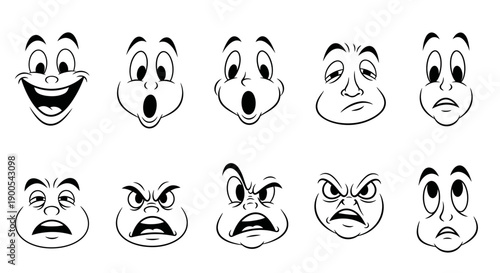 A collection of ten expressive cartoon faces displaying a range of emotions from joy to anger.