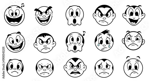 A collection of 15 vintage cartoon faces expressing a wide range of emotions, from joy to anger and sadness.